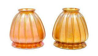 * A Pair of Quezal Glass Shades Height 4 5/8 inches.