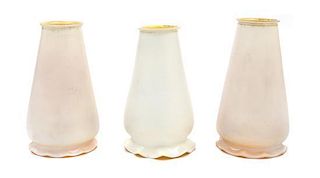* A Set of Three Quezal Glass Shades Height 6 1/2 inches.