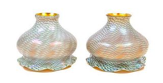 A Pair of Quezal Iridescent Glass Shades Height 4 3/4 inches.