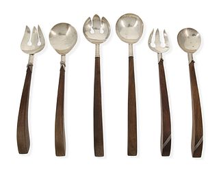 Three sterling silver and rosewood salad serving sets