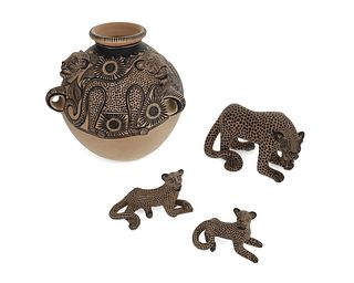 A group of Tzeltal jaguar pottery items