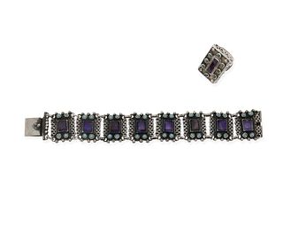 A Mexican silver bracelet and ring with amethysts