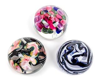 * Three American Studio Glass Paperweights Diameter of largest 3 inches.