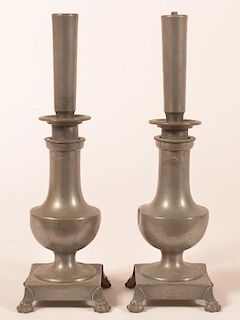 Pair of French 19th Century Pewter Candlestick Form Fluid Lamps.