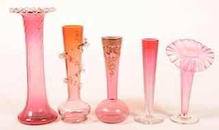 5 Various Victorian Cranberry Art Glass Vases.