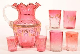 7 Various Pieces of Victorian Cranberry Art Glass.