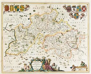 (MAP) JANSSON, JAN. Buckingamiae Comitatus cum Bedfordiensi.. Amsterdam, ca. 1645. Double page engraved map.