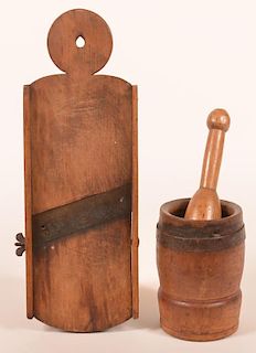 Antique Wood Slaw Board, Mortar and Pestle.