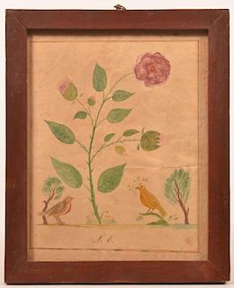 Fraktur Watercolor Drawing - Birds and Flowers.