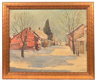 Harry M. Book Painting of Winter Village Scene.