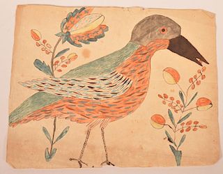 Watercolor Drawing of a bird and floral devices.