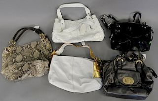Five leather purses to include Cynthia Rowley snakeskin, Donald J. Pliner black leather, Nicoli...