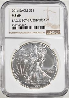 2016 30TH ANNIVERSARY SILVER EAGLE, NGC MS-69