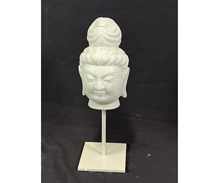 CARVED MARBLE BUDDHA HEAD ON STAND