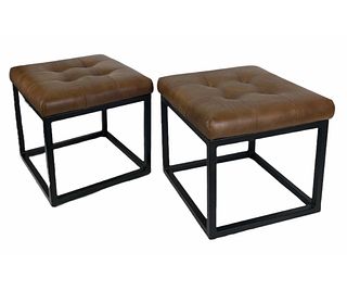 PAIR OF BROWN LEATHER BENCHES ON METAL BASES