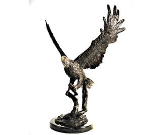 BRONZE EAGLE WITH FISH SCULPTURE ON MARBLE BASE