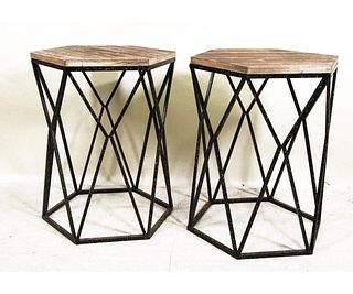 PAIR OF HEXAGONAL WOOD & METAL ACCENT TABLES