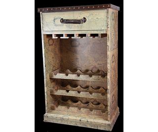 WINE RACK CABINET COVERED IN WORLD MAPS