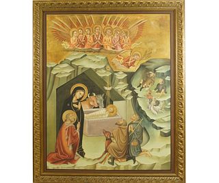 GILDED FRAME THE NATIVITY OIL ON CANVAS PAINTING
