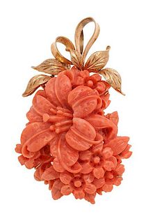 Carved Coral Pendant/Brooch in 14 Karat Yellow Gold 