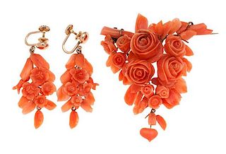 Carved Coral Brooch and Earrings in 14 Karat Yellow Gold 
