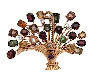 Brooch/Pendant in 14 Karat yellow Gold with Gemstones and Diamonds 