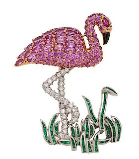 Flamingo Brooch in Platinum and 18 Karat Yellow Gold 