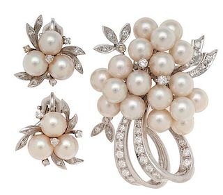 KW Pearl and Diamond Earrings and Brooch in 14 Karat White Gold  