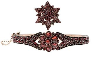 Victorian Garnet Bangle Bracelet and Brooch 