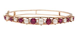 Bangle Bracelet in 14 Karat Yellow Gold with Pearls and Synthetic Rubies 