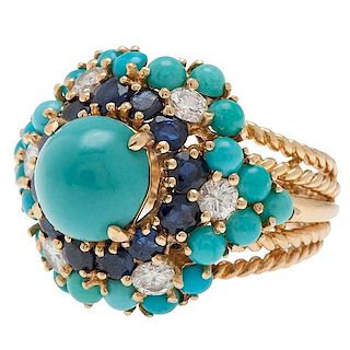Diamond, Sapphire and Turquoise Ring in 18 Karat Yellow Gold 