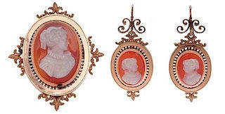 Cameo Earrings and Brooch/Pendant in 14 Karat Rose Gold 