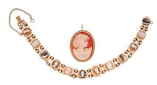 Cameo Bracelet and Brooch/Pendant in 14 Karat Yellow Gold 