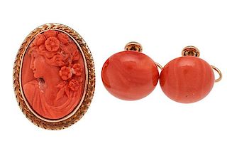 Coral Cameo Brooch and Coral Button Earrings in 14 Karat Yellow Gold 