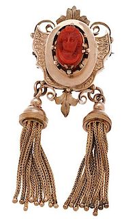 Coral Cameo Brooch in 14 Karat Yellow Gold with Tassels 