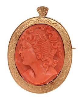Coral Cameo Brooch/Pendant in 18 Karat Yellow Gold 
