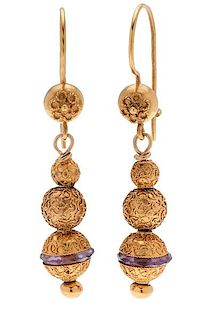 Etruscan Revival 15 Karat Gold Earrings with Amethyst 