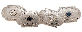 Diamond and Sapphire Cufflinks in Platinum and 14 Karat Yellow Gold Ca 1920 
