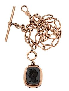 Watch Chain and Intaglio Fob in 14 Karat Yellow Gold 