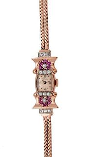 Hamilton Diamond and Ruby Wrist Watch in 14 Karat Rose Gold 