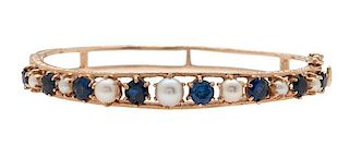 Bangle Bracelet in 14 Karat Yellow Gold with Cultured Pearls and Synthetic Sapphires 