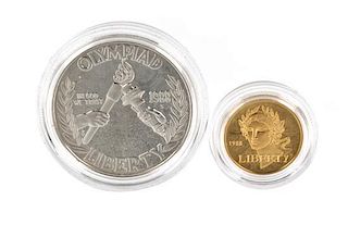 * A 1988 Olympic 2-Coin Proof Set, comprising the "S" Mint (Proof) Silver Dollar and "W" Mint $5.00 gold coin.