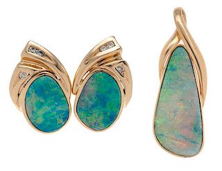 Idaho Opal and Gem Co. Boulder Opal Pendant and Earrings in 14 Karat Yellow Gold 