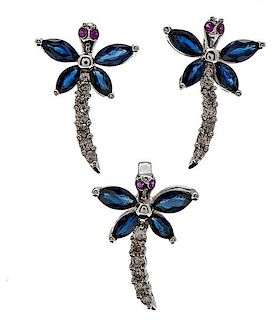 Dragonfly Earrings and Pendant in 14 Karat White Gold with Sapphires, Diamonds and Rubies 