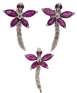 Dragonfly Earrings and Pendant In 18 Karat White Gold with Diamonds and Rubies 