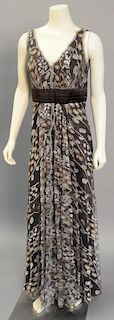 Eng silk evening dress having brown base with gold and silver (size 6).