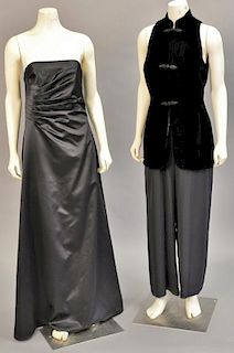 Two women's black evening pieces, JS Boutique silk dress with shawl (size 8) and a Depeche black silk blend