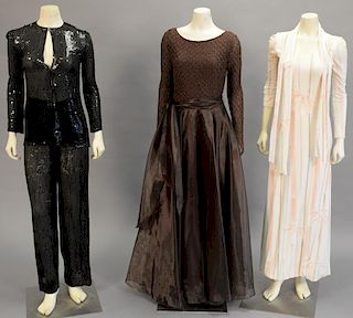 Group of five women's evening pieces to include Halston silk dress, Halston sequin black dress, A