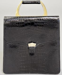 Smythson of Bond Street black alligator purse/handbag with brass and leather handle and double flap.