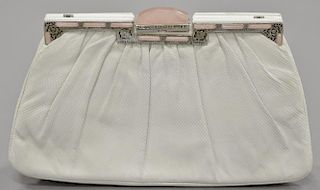Judith Leiber white snakeskin purse / handbag having pink quartz clasp and decoration with original...
